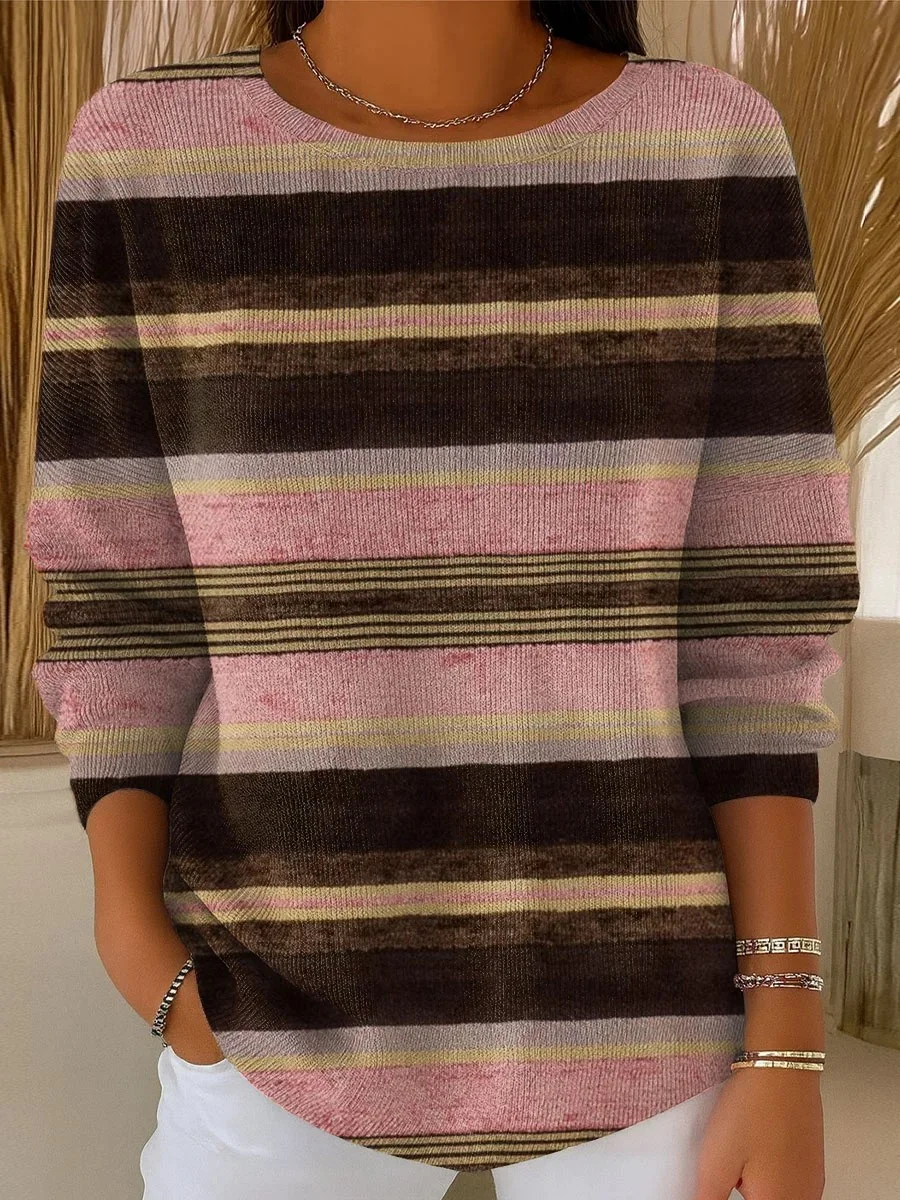 Damen Nachahmung Kaschmir Gestreift Langarm Bequem Retro Pullover