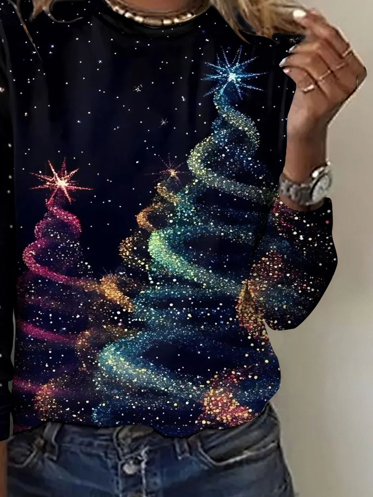 Retro Weihnachtsbaum Rundhals Langarm T-Shirt