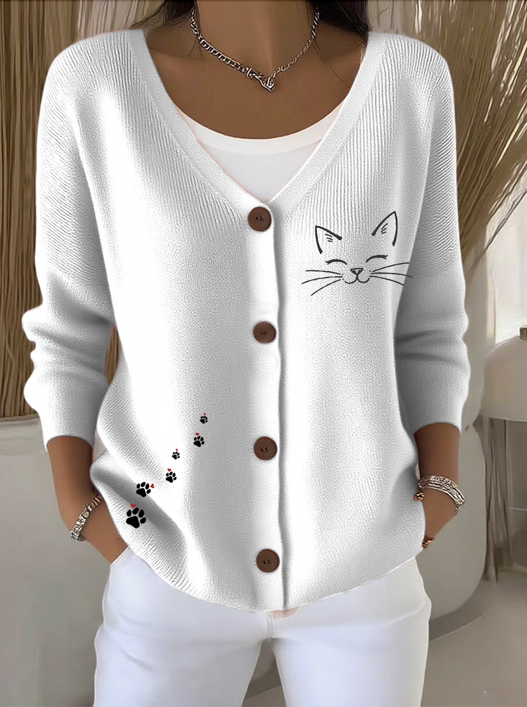 Damen Baumwolle Tier Langarm Bequem Lässig Strickjacke
