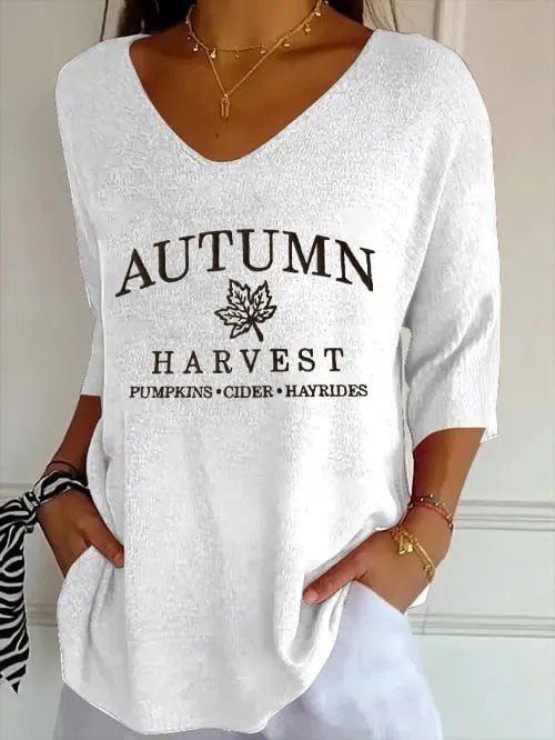Vintage-Brief Muster V-Ausschnitt Dreiviertelärmel T-Shirt