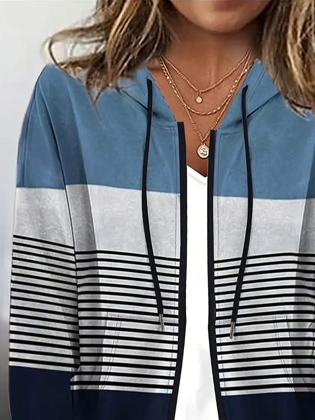 Damen Frühling/Herbst Oberbekleidung Lässig Print Gestreift Langarm Kapuze Jacke
