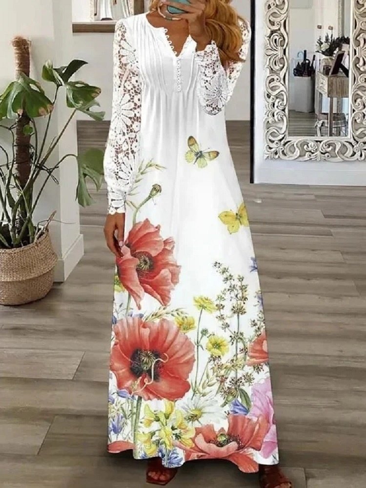 Damen Geblümt Frühling/Herbst Print Kleid V-Ausschnitt Langarm T-Shirt-Kleid A-Linien-Kleid