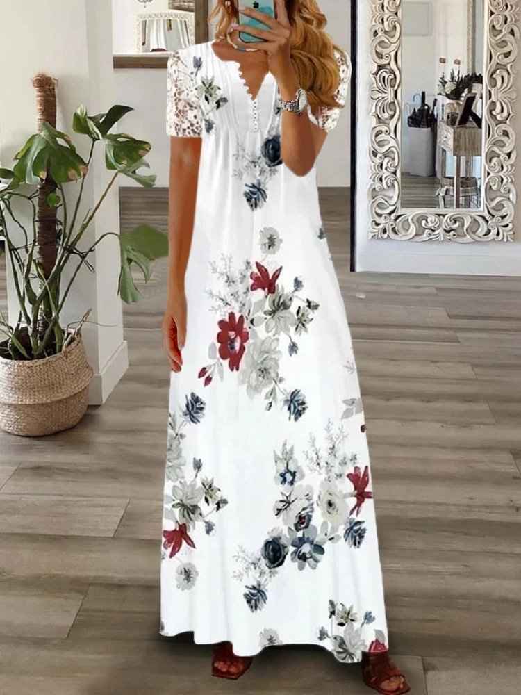 Damen Geblümt Frühling/Herbst Print Kleid V-Ausschnitt Langarm T-Shirt-Kleid A-Linien-Kleid