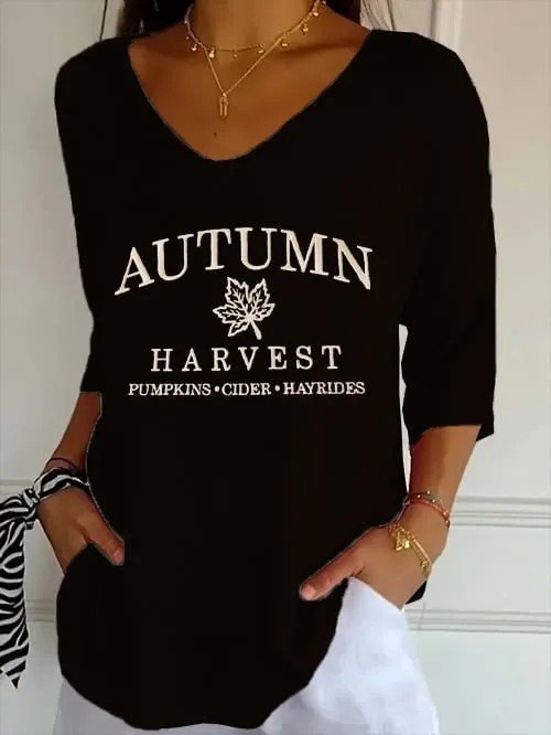 Vintage-Brief Muster V-Ausschnitt Dreiviertelärmel T-Shirt