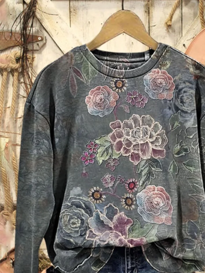 Lässig Rundhals Geblümt Sweatshirt Print
