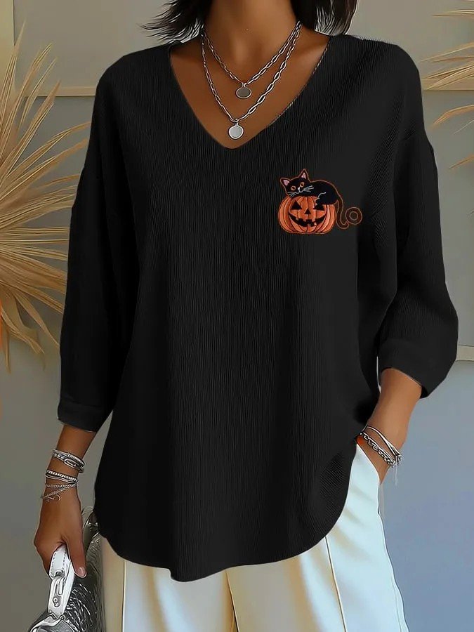 Retro Halloween (Kürbis) V-Ausschnitt Dreiviertelärmel T-Shirt