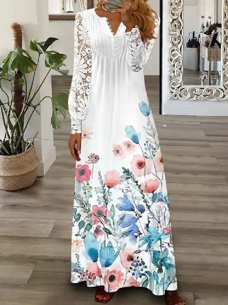 Damen Geblümt Frühling/Herbst Print Kleid V-Ausschnitt Langarm T-Shirt-Kleid A-Linien-Kleid