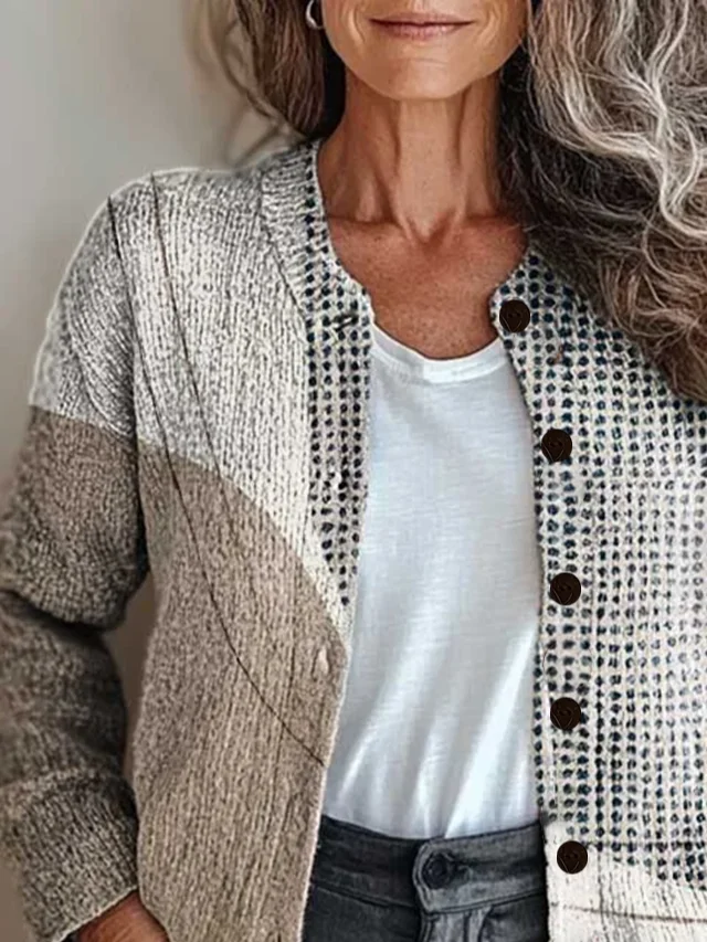Damen Abstrakt Langarm Bequem Retro Print Strickjacke