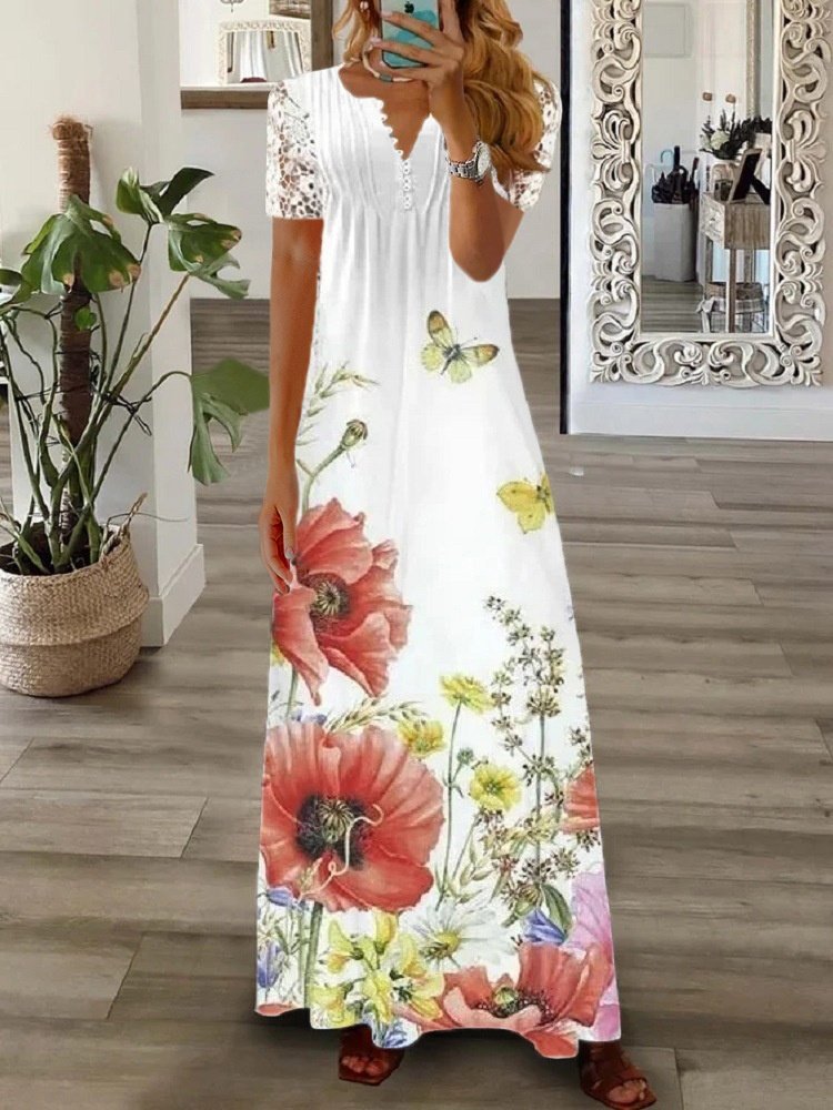 Damen Geblümt Frühling/Herbst Print Kleid V-Ausschnitt Langarm T-Shirt-Kleid A-Linien-Kleid