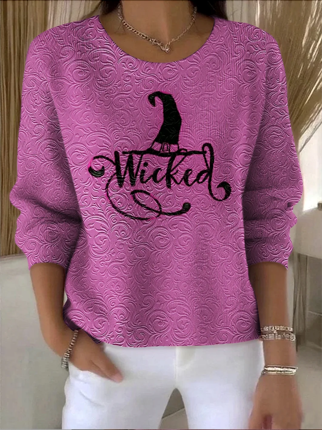 Damen Baumwolle Halloween Langarm Bequem Retro Pullover