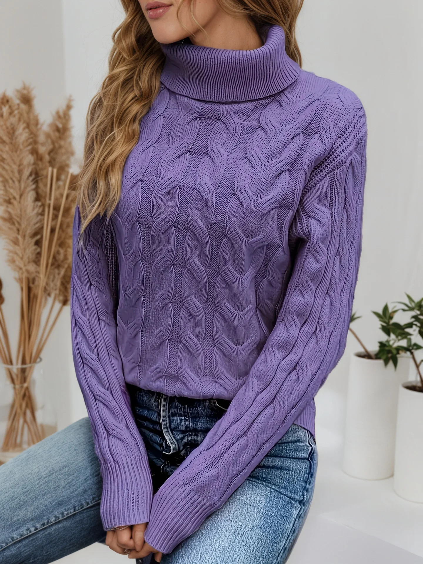 Damen Unifarben Langarm Bequem Lässig Pullover
