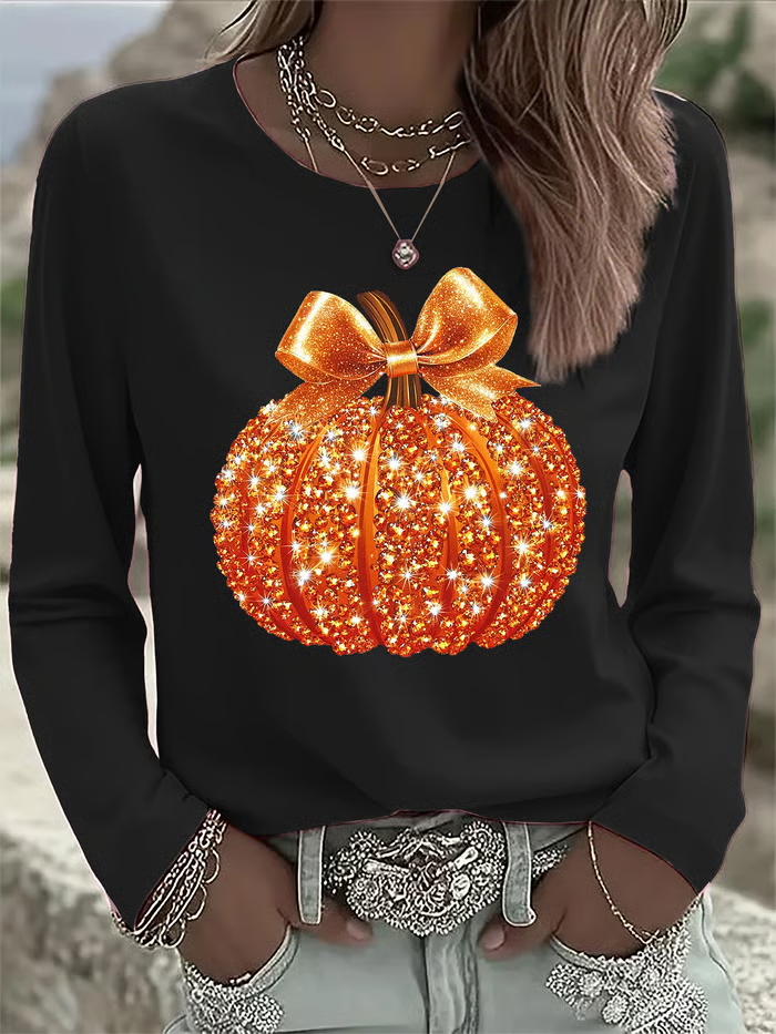 Lässig Halloween (Kürbis) Rundhals Langarm T-Shirt