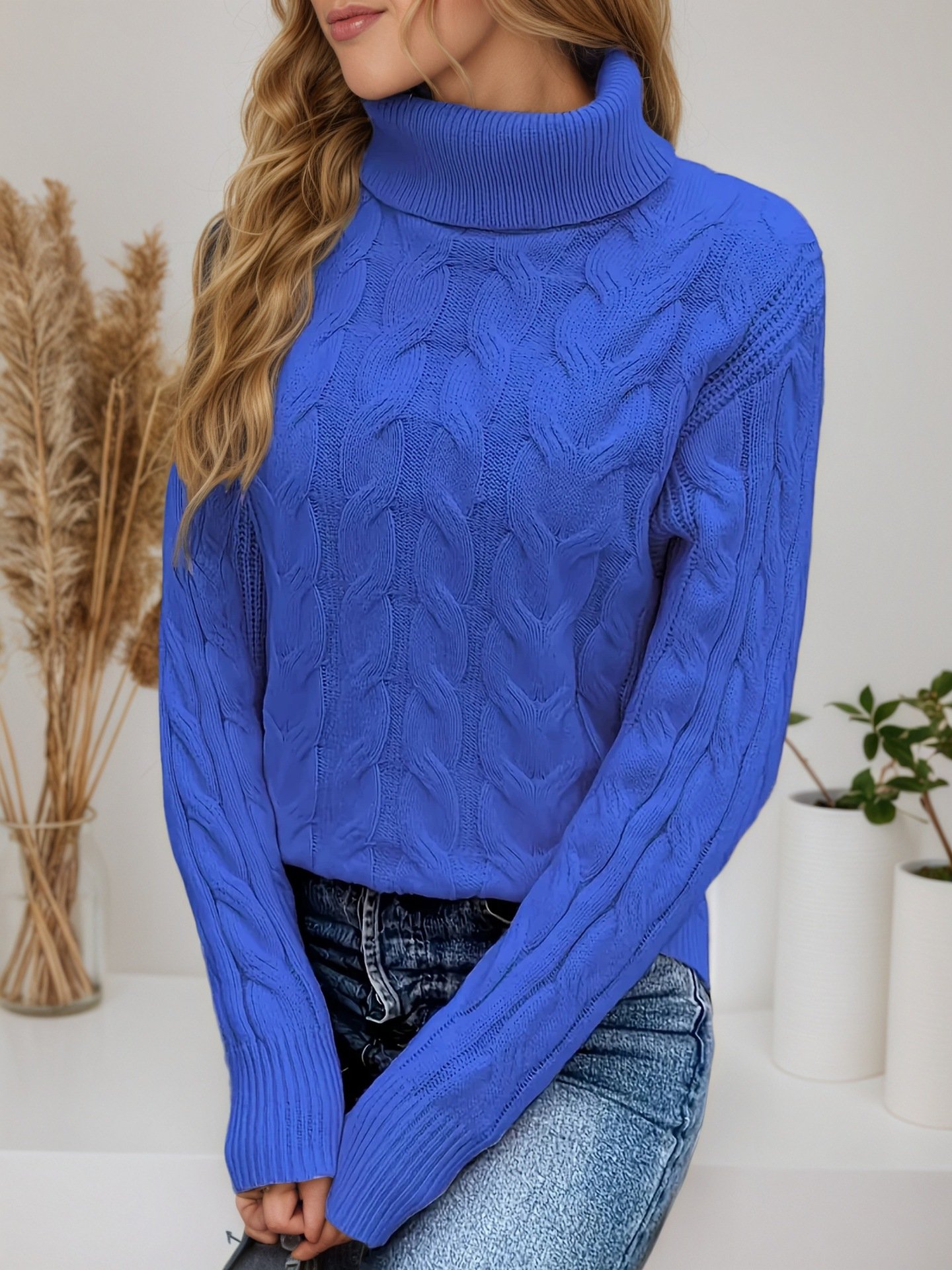 Damen Unifarben Langarm Bequem Lässig Pullover