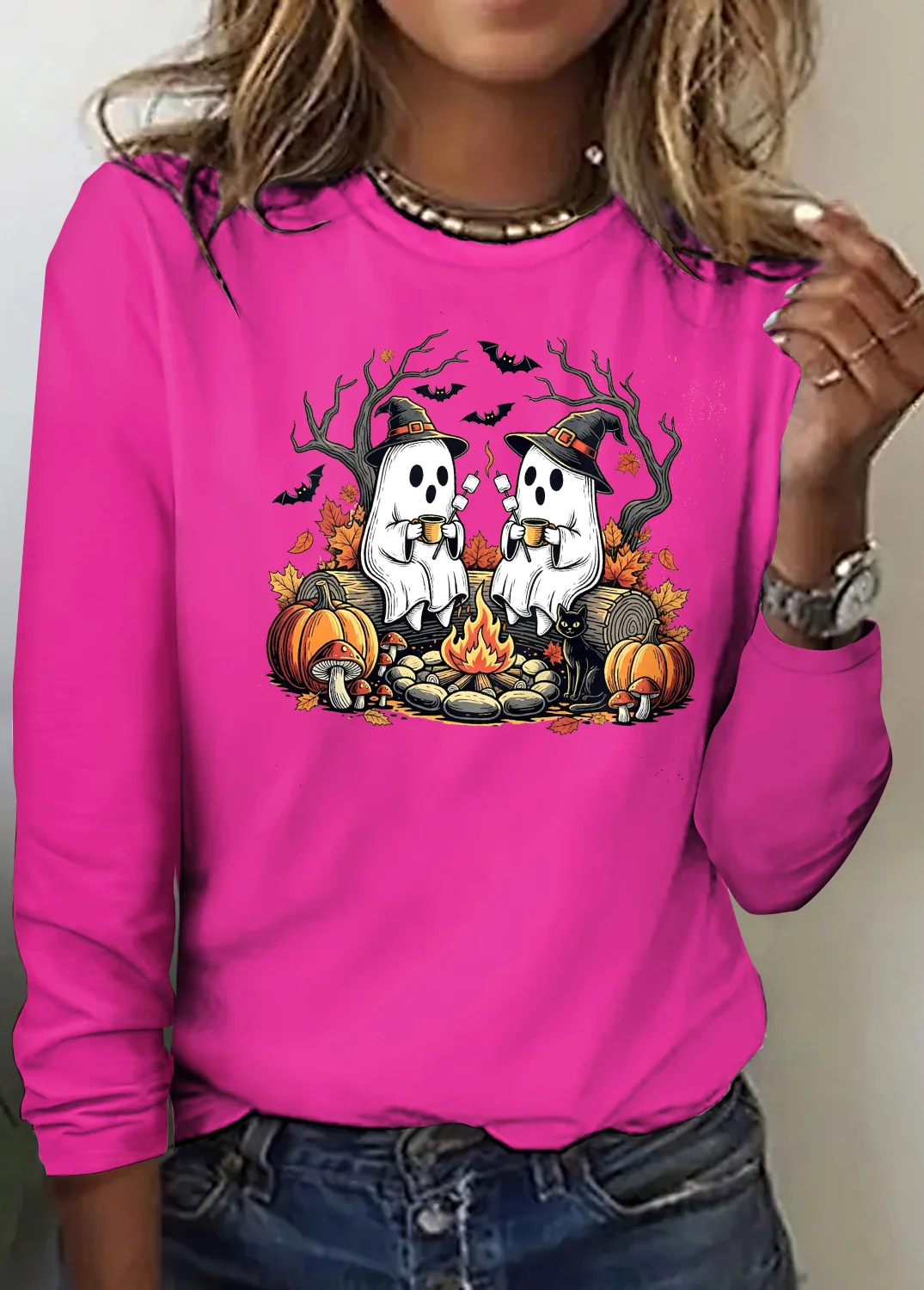 Retro Halloween Rundhals Langarm T-Shirt