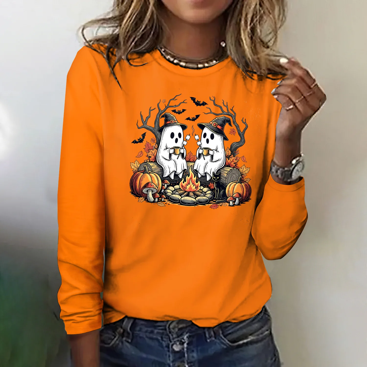 Retro Halloween Rundhals Langarm T-Shirt