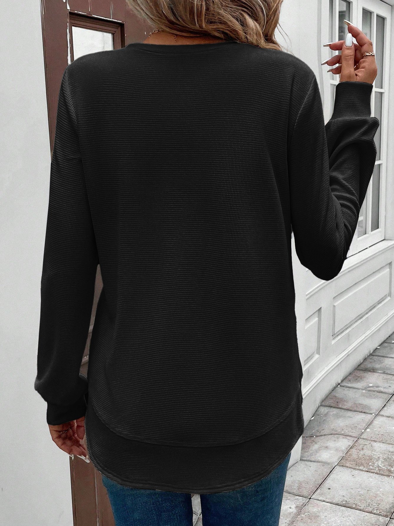 Retro Rundhals Unifarben Sweatshirt Jacquard