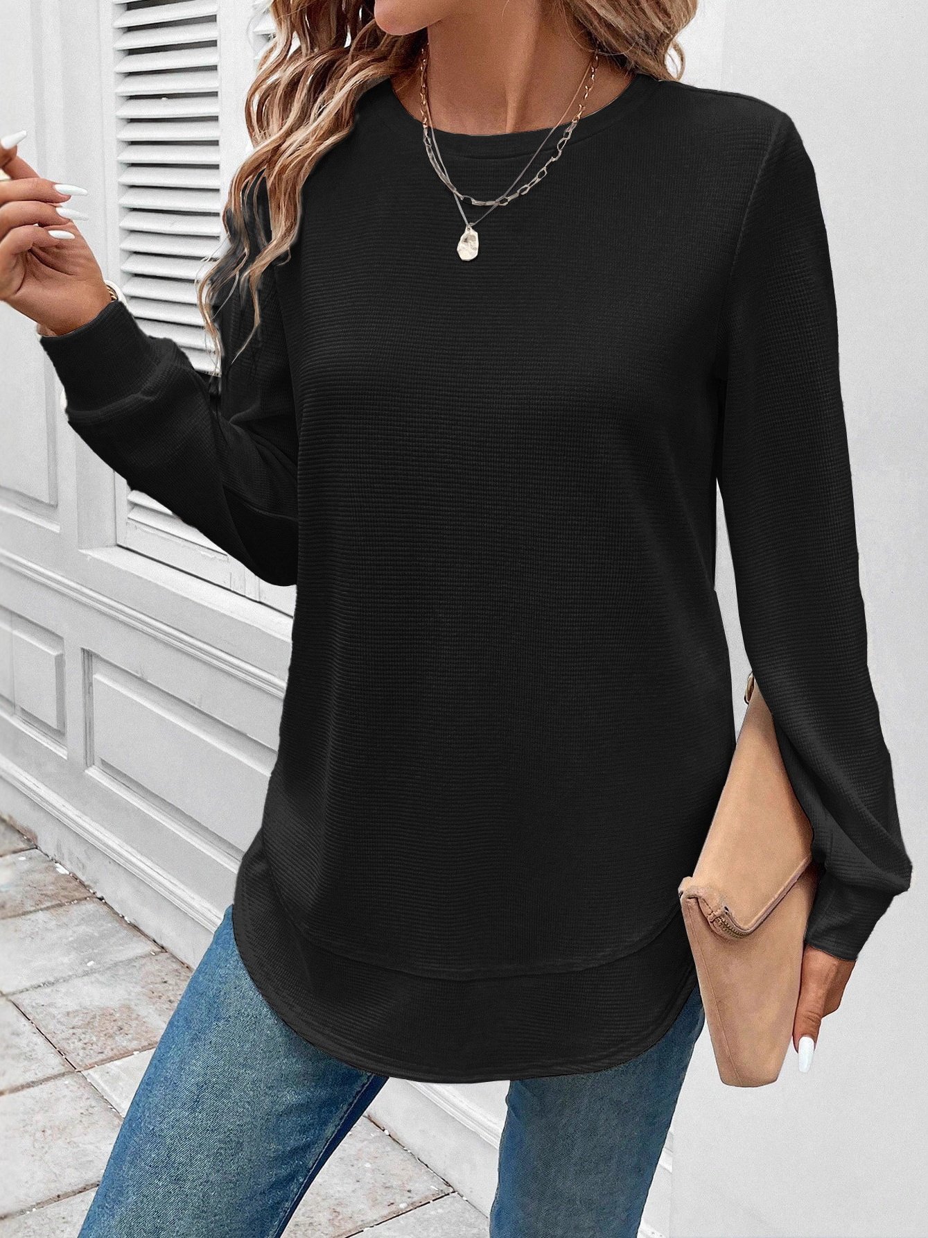 Retro Rundhals Unifarben Sweatshirt Jacquard