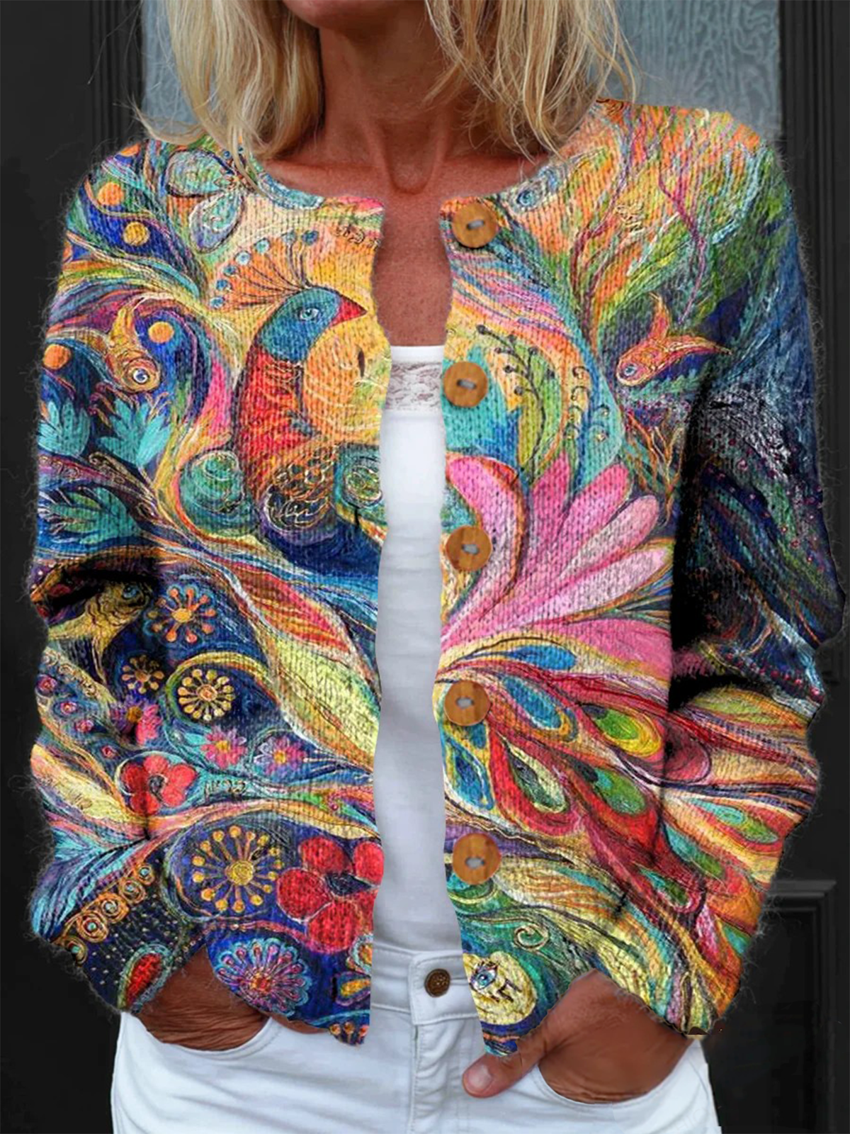 Damen Gestrickt Ethnisch Langarm Bequem Retro Strickjacke