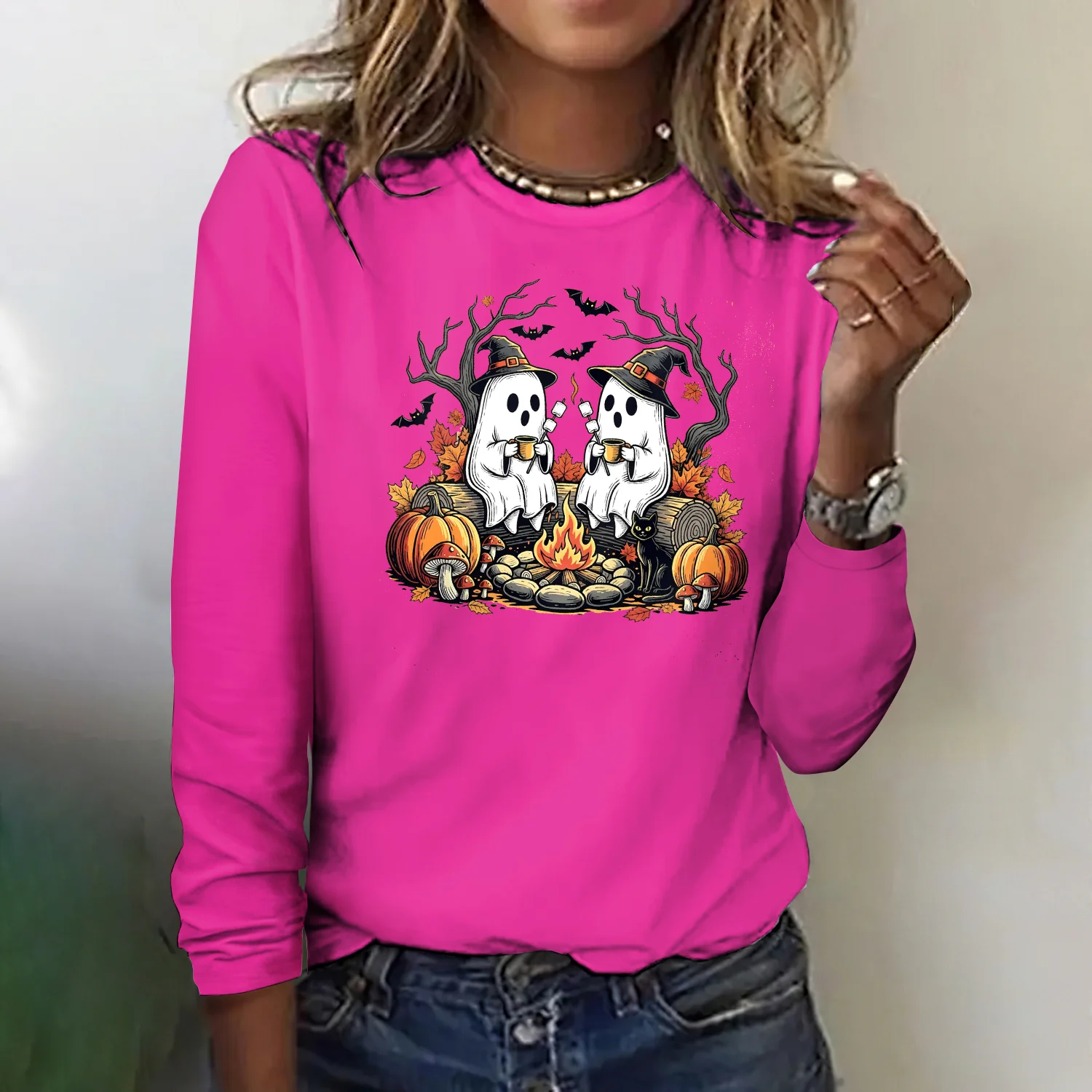 Retro Halloween Rundhals Langarm T-Shirt