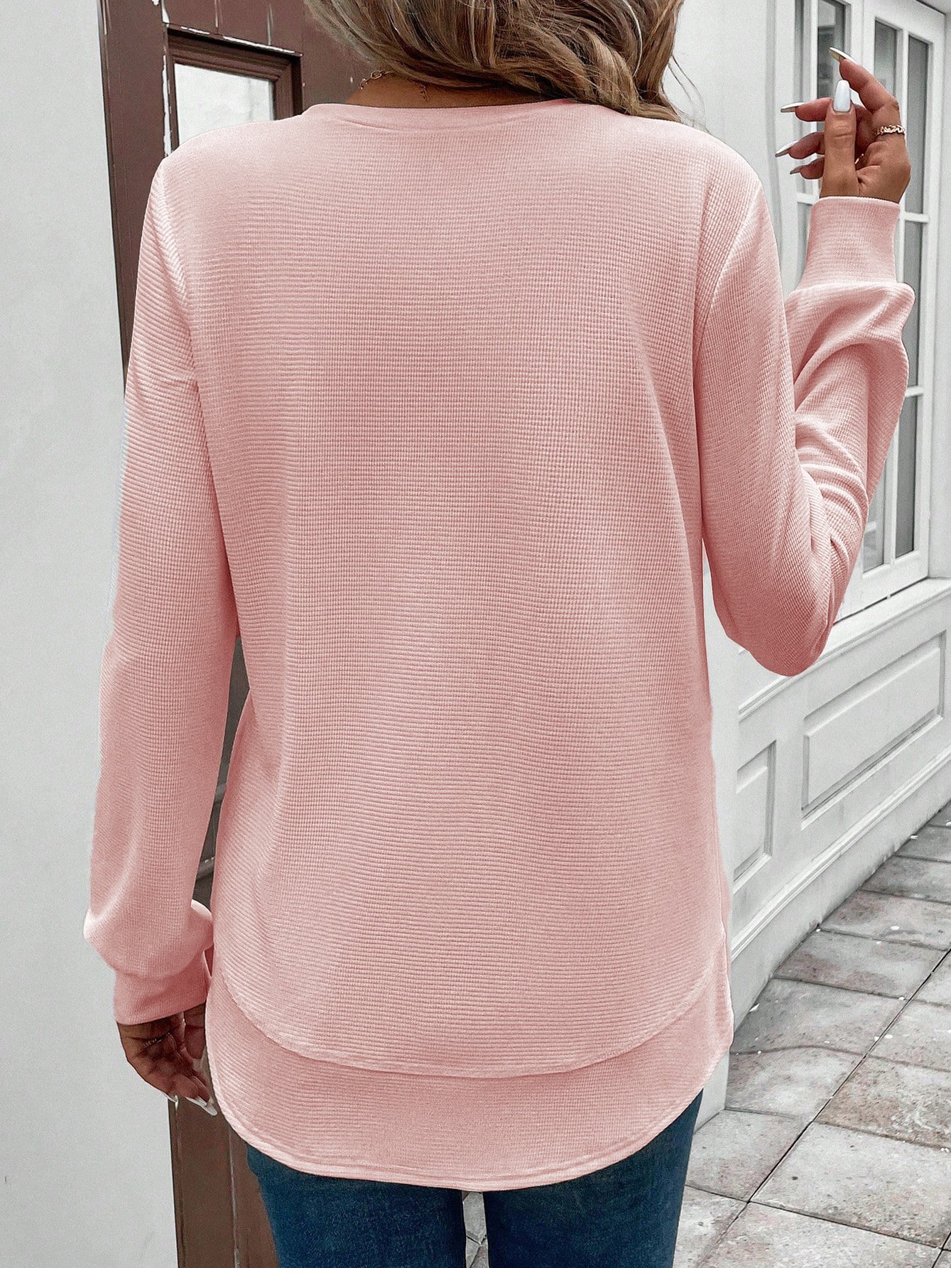 Retro Rundhals Unifarben Sweatshirt Jacquard