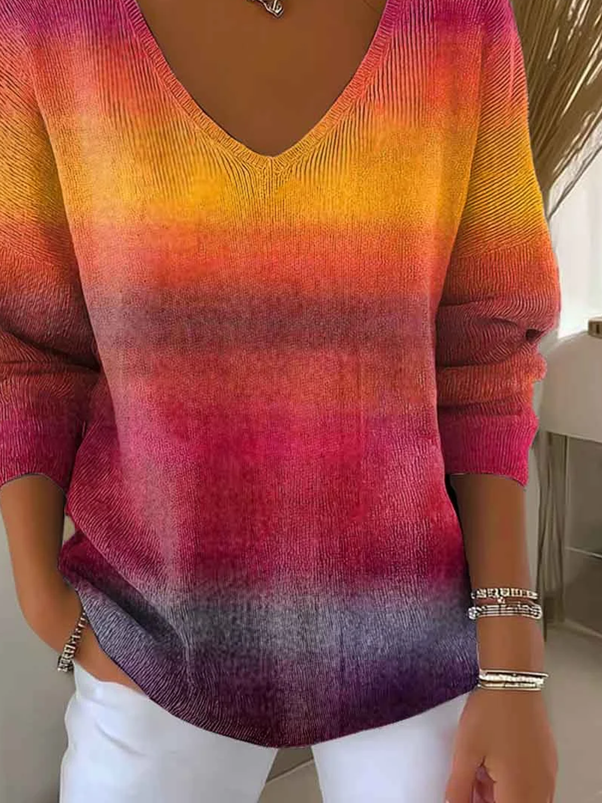 Damen Baumwolle Farbverlauf Langarm Bequem Lässig Pullover