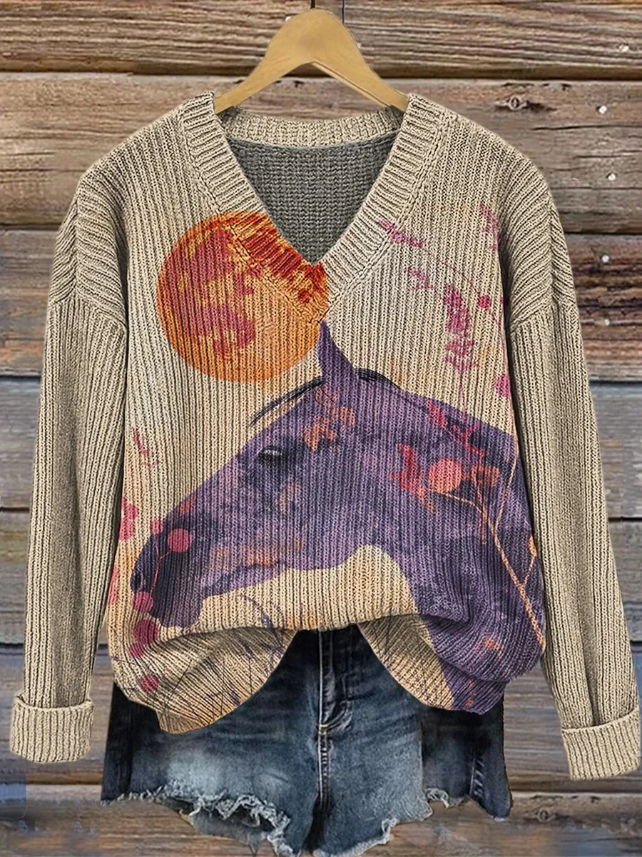 Damen Tier Bild Langarm Bequem Retro Pullover