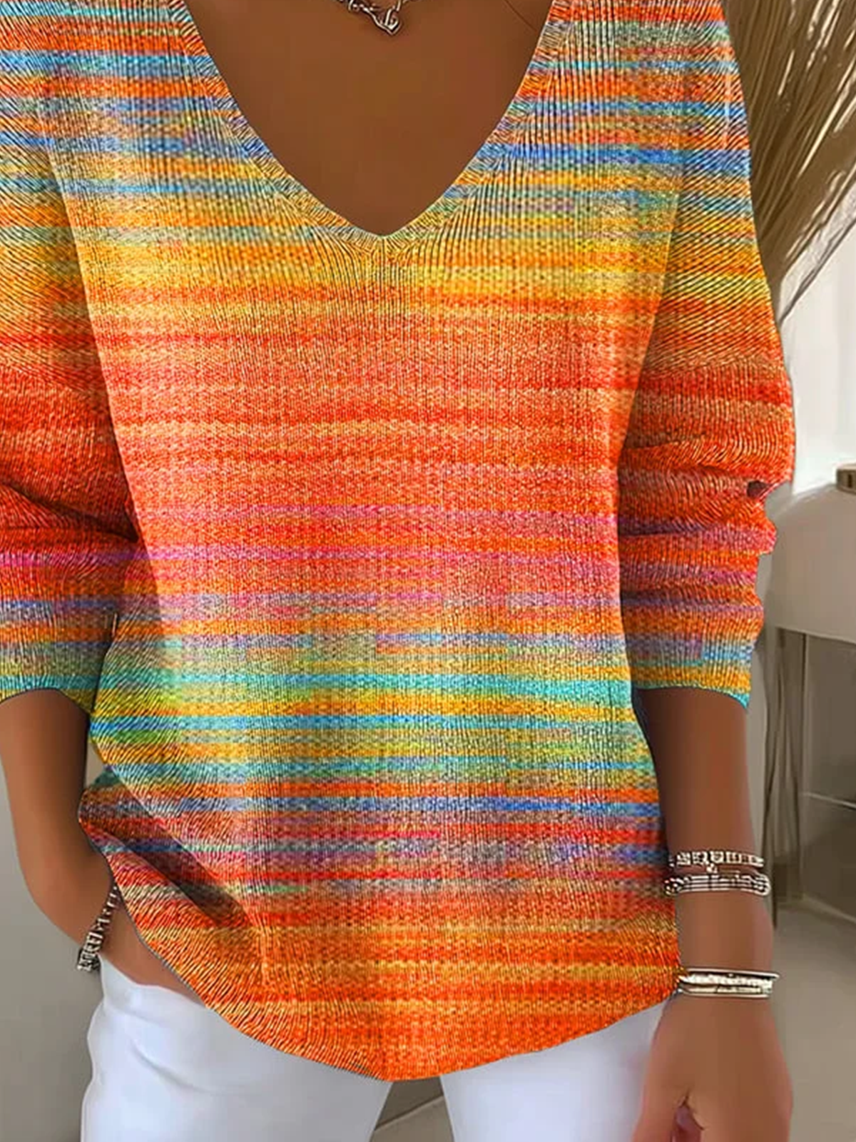 Damen Baumwolle Farbverlauf Langarm Bequem Lässig Pullover
