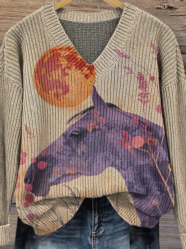Damen Tier Bild Langarm Bequem Retro Pullover