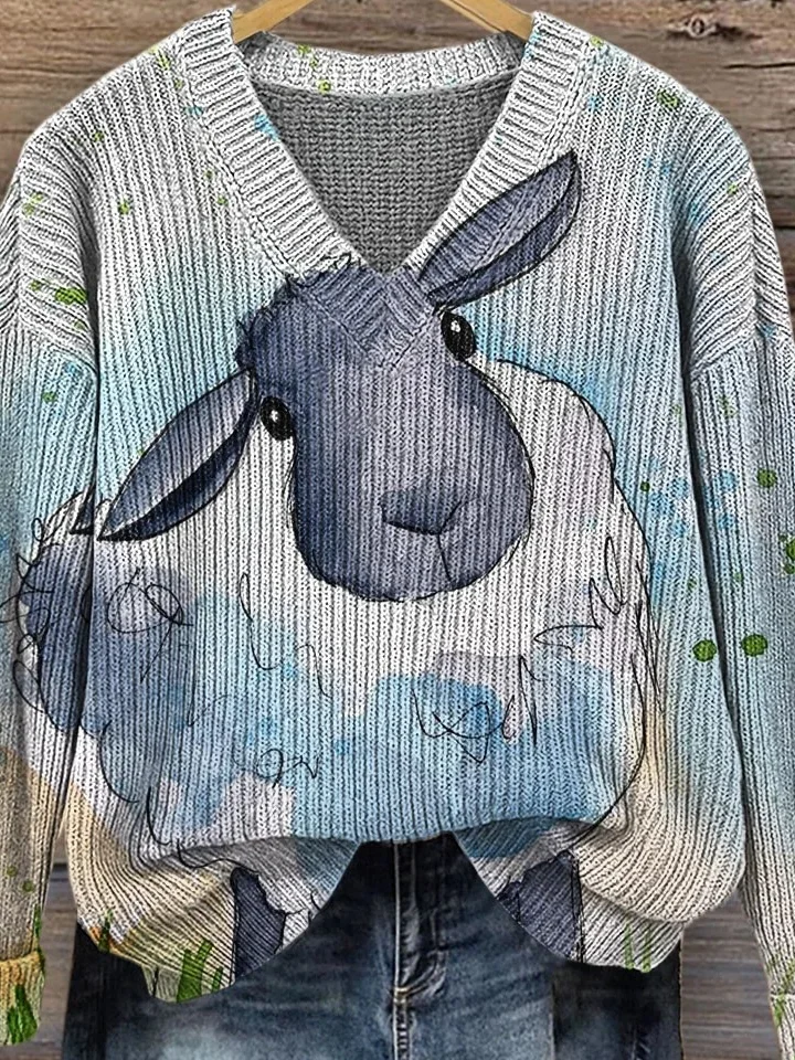 Damen Tier Bild Langarm Bequem Retro Pullover