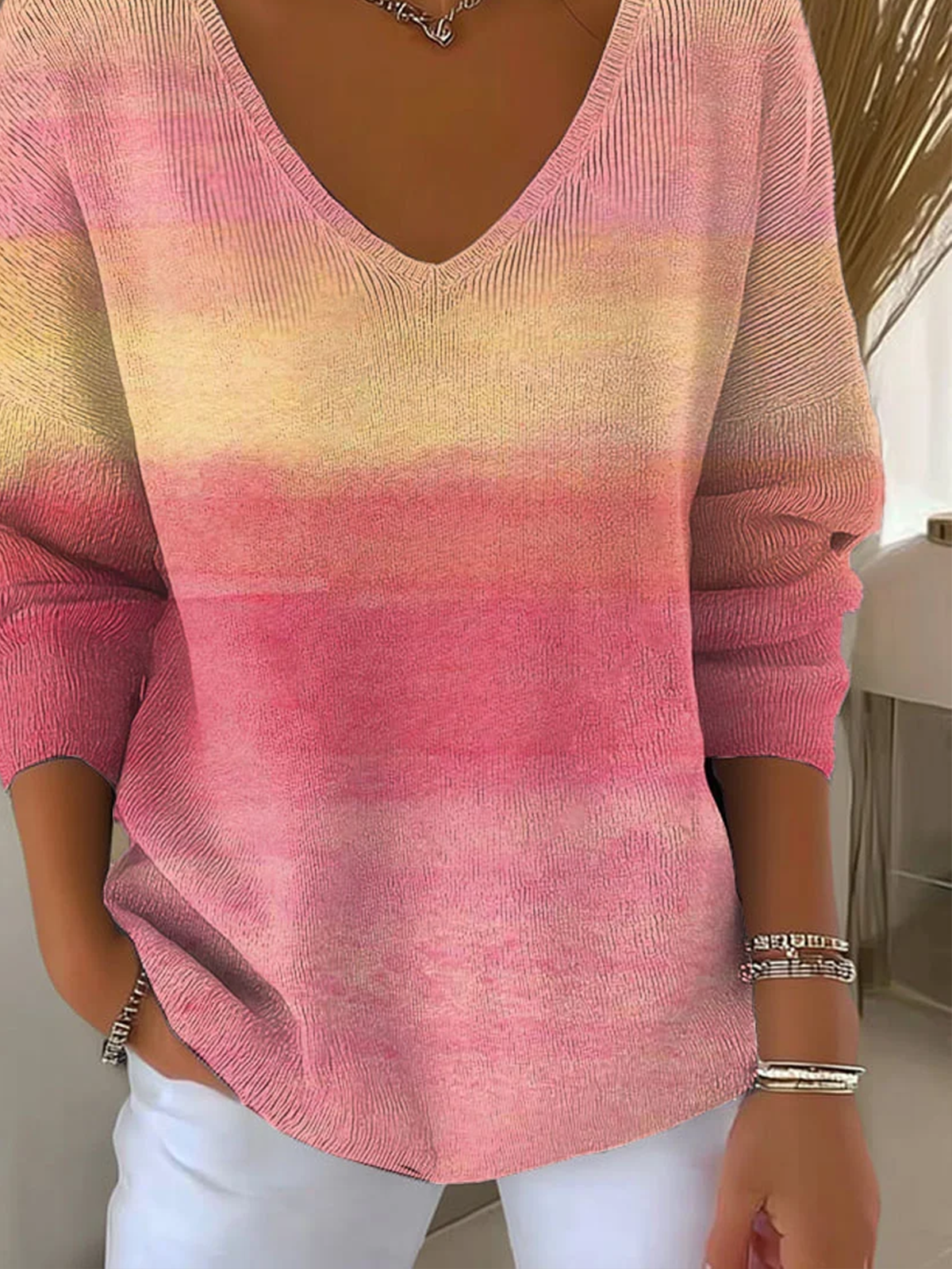 Damen Baumwolle Farbverlauf Langarm Bequem Lässig Pullover