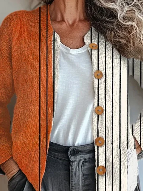 Damen Gestrickt Gestreift Langarm Bequem Retro Strickjacke