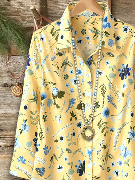 Hemdkragen Normale Ärmel Langarm Geblümt Schnalle Regelmäßig Weit Knopfhemd Bluse für Damen
