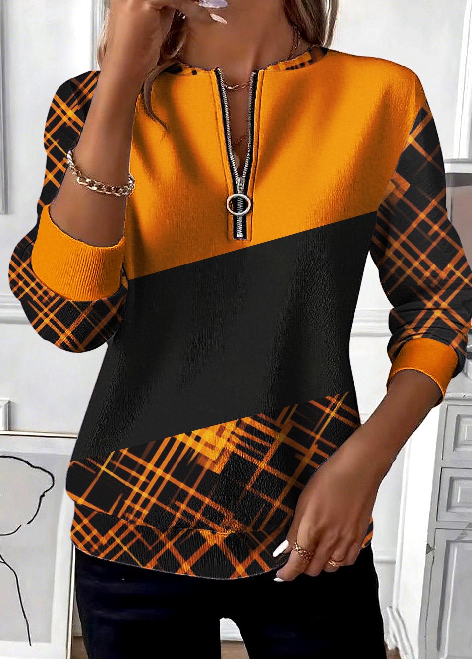 Lässig Stehkragen Geometrisch Sweatshirt