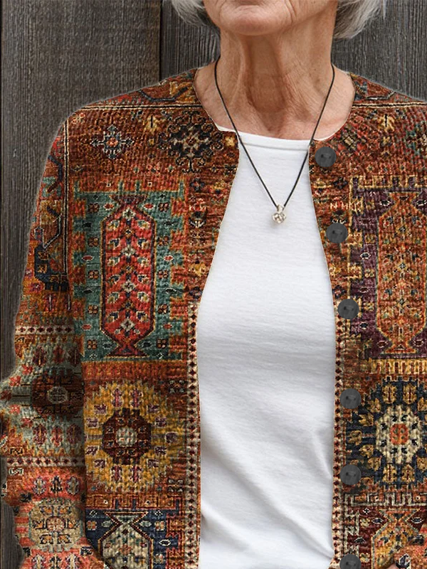 Damen Abstrakt Langarm Bequem Retro Print Strickjacke