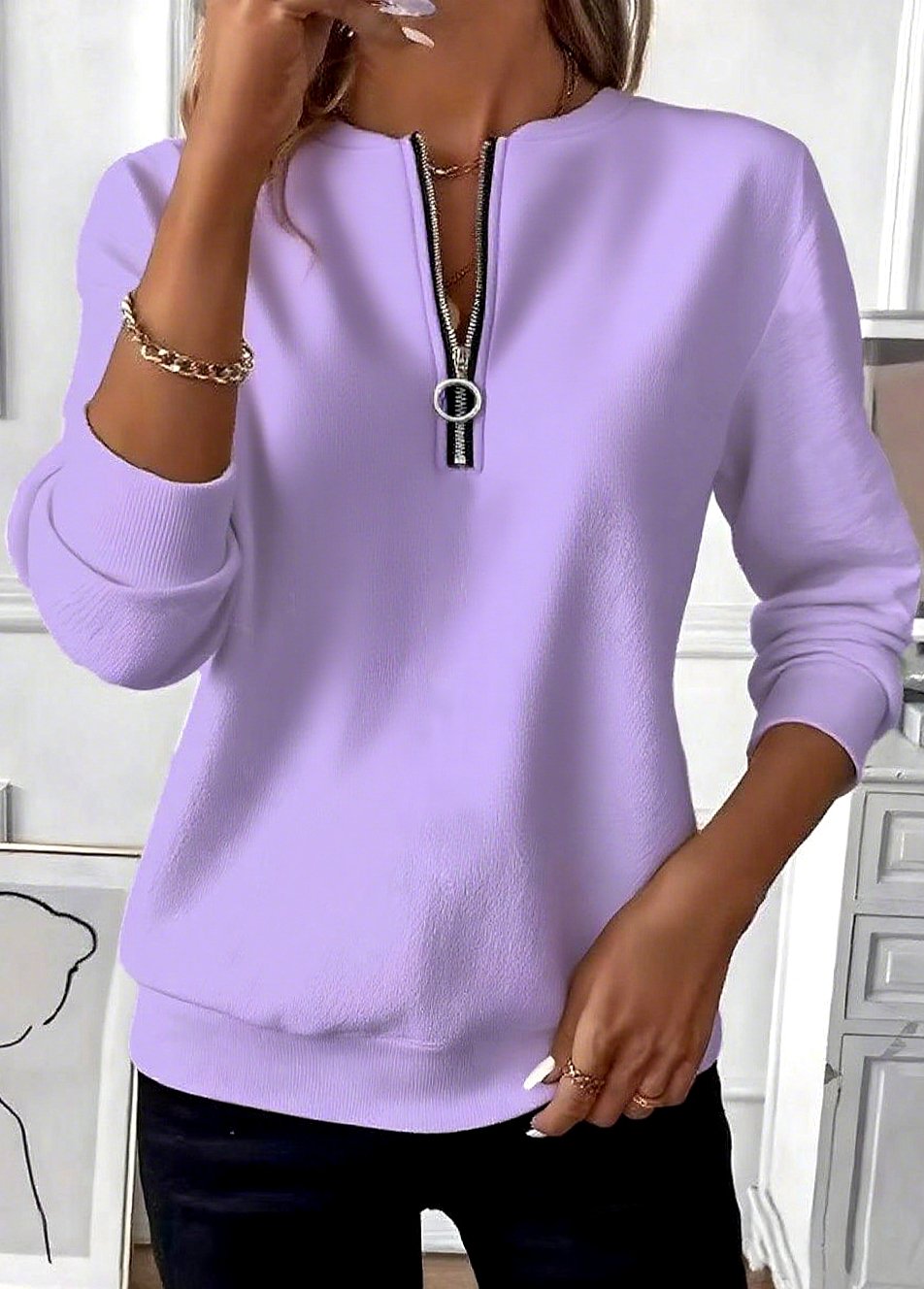 Lässig Stehkragen Unifarben Sweatshirt