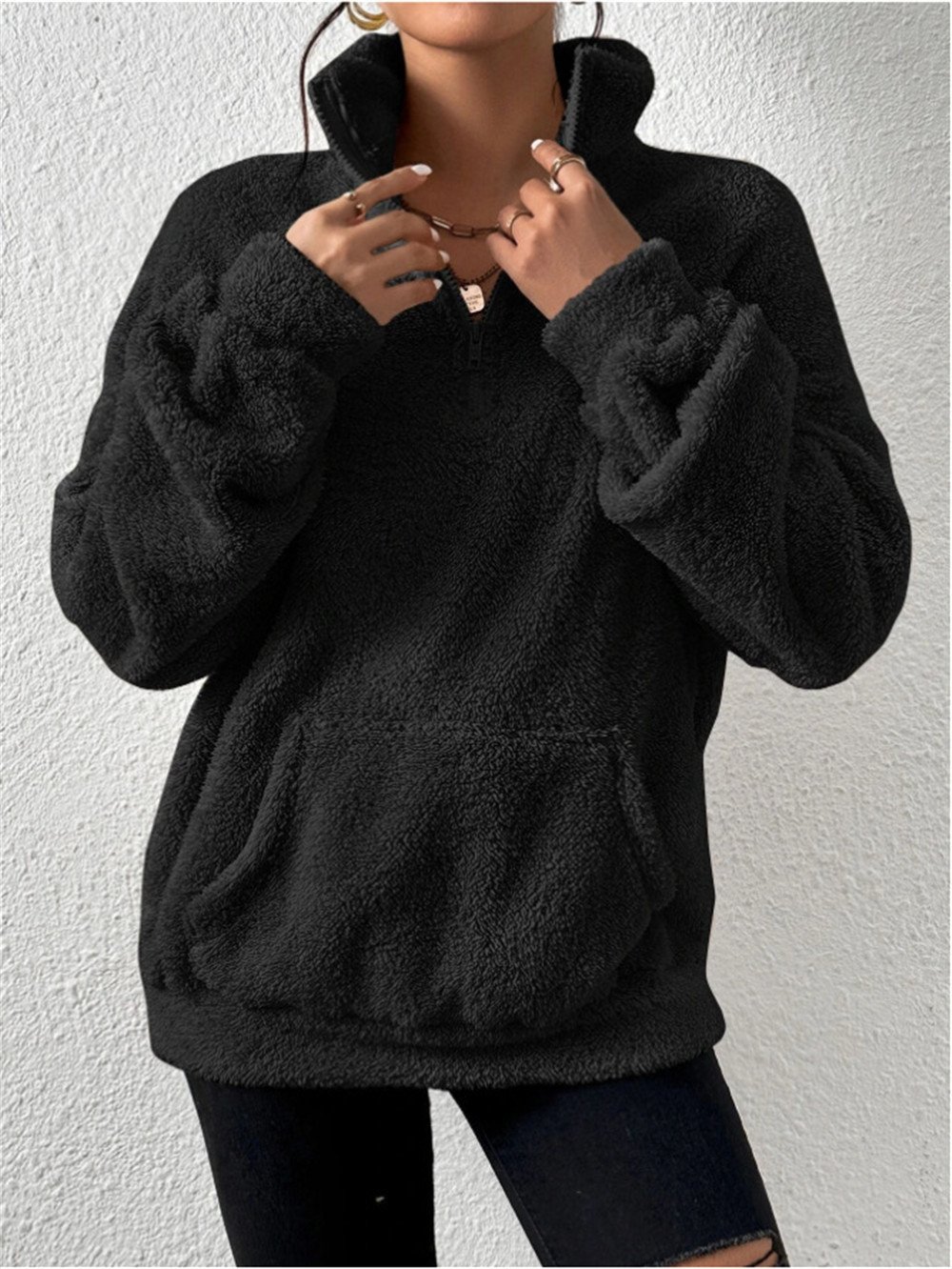 Retro Mock Neck Unifarben Sweatshirt Nahtverarbeitung