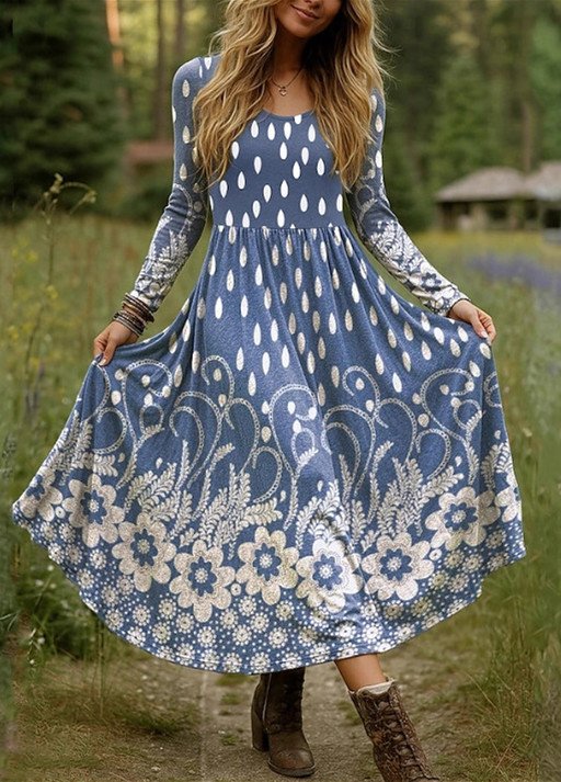 Damen Geblümt Frühling/Herbst Kleid V-Ausschnitt Langarm A-Linien-Kleid