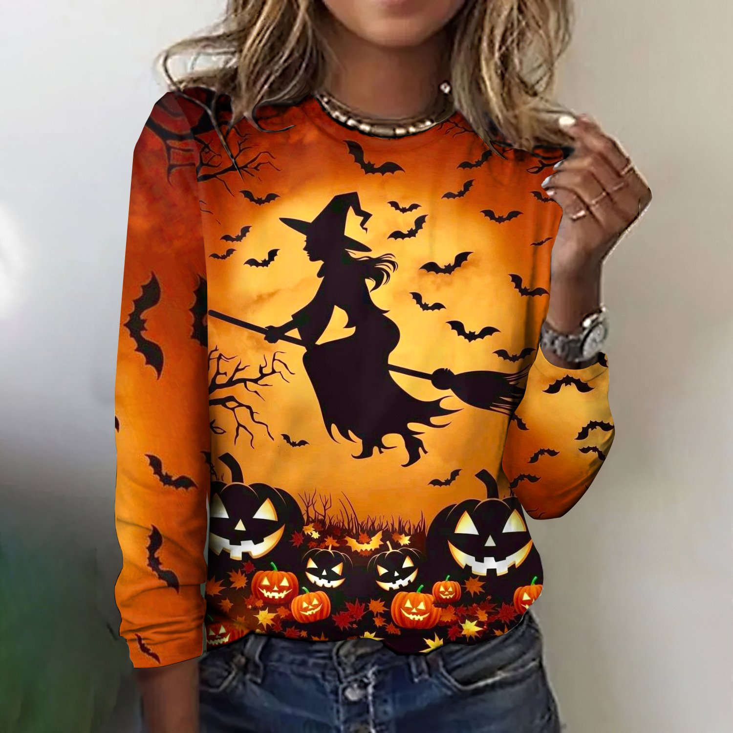 Retro Halloween Rundhals Langarm T-Shirt