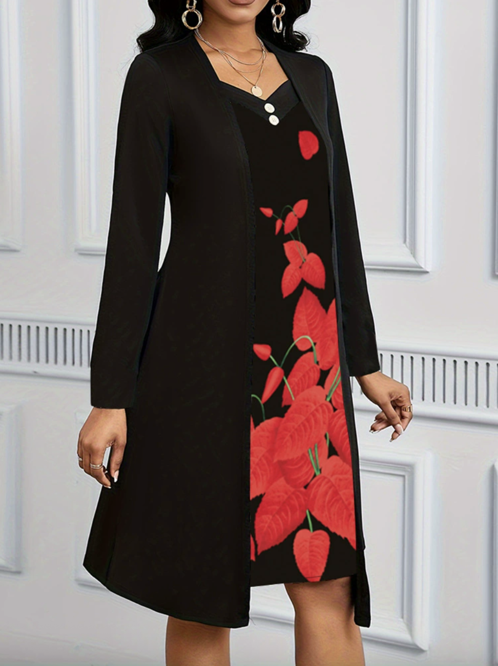 Damen Geblümt Frühling/Herbst Kleid V-Ausschnitt Langarm A-Linien-Kleid