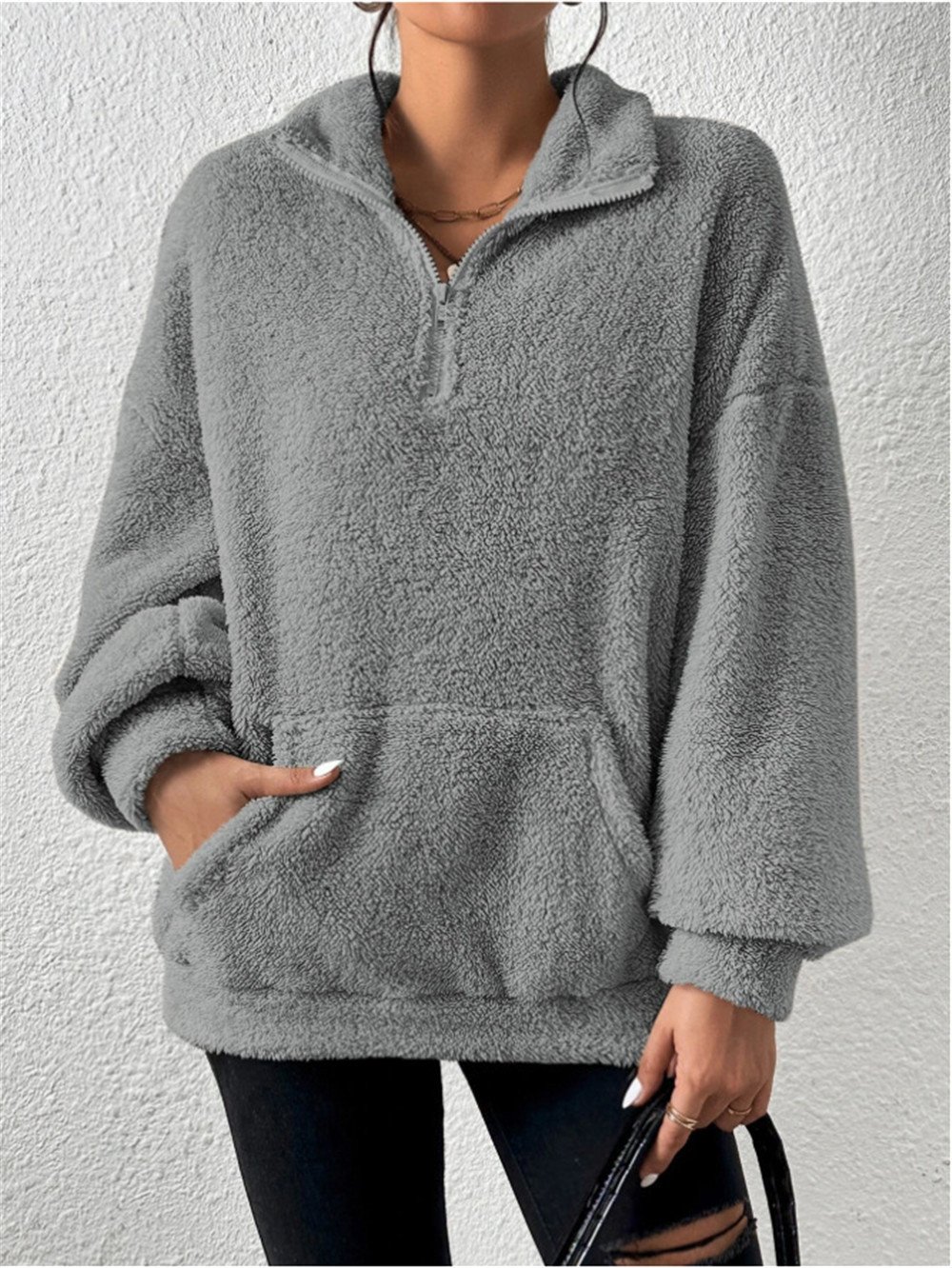 Retro Mock Neck Unifarben Sweatshirt Nahtverarbeitung