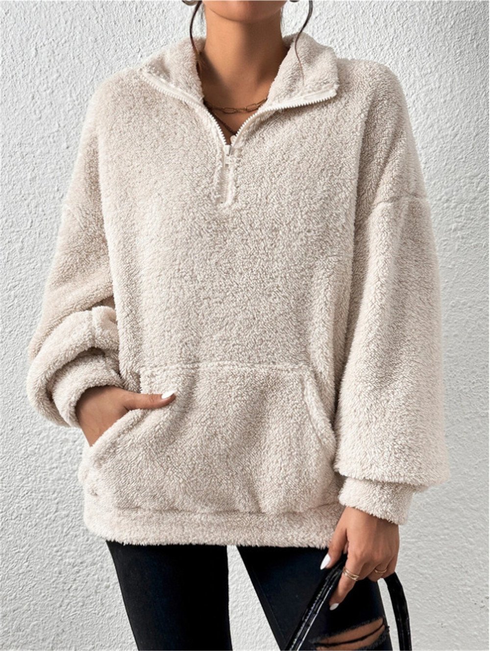 Retro Mock Neck Unifarben Sweatshirt Nahtverarbeitung