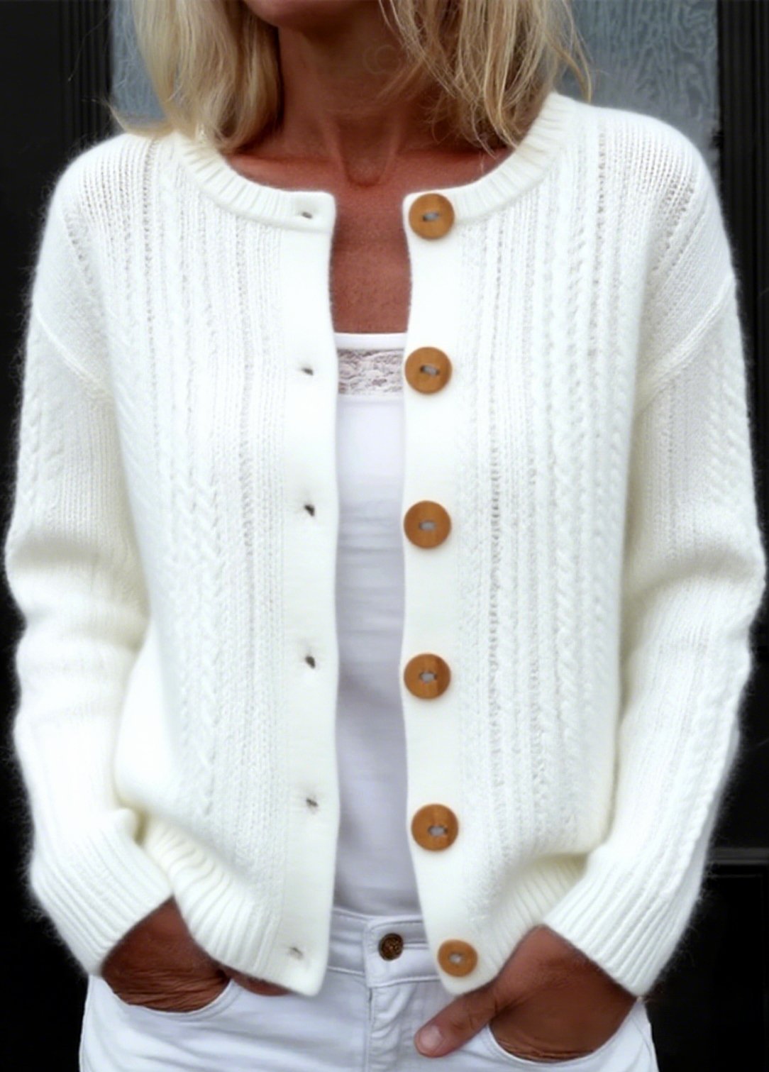 Damen Wolle/Stricken Unifarben Langarm Bequem Lässig Strickjacke