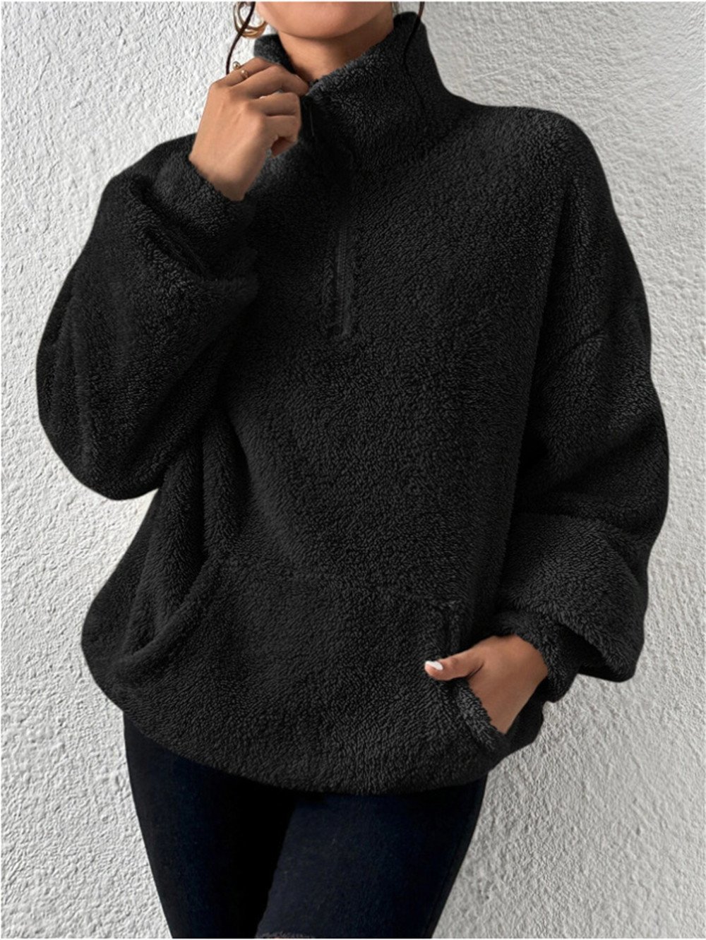 Retro Mock Neck Unifarben Sweatshirt Nahtverarbeitung