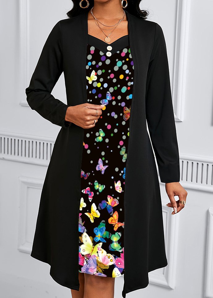 Damen Tier Frühling/Herbst Kleid Rundhals Langarm A-Linien-Kleid