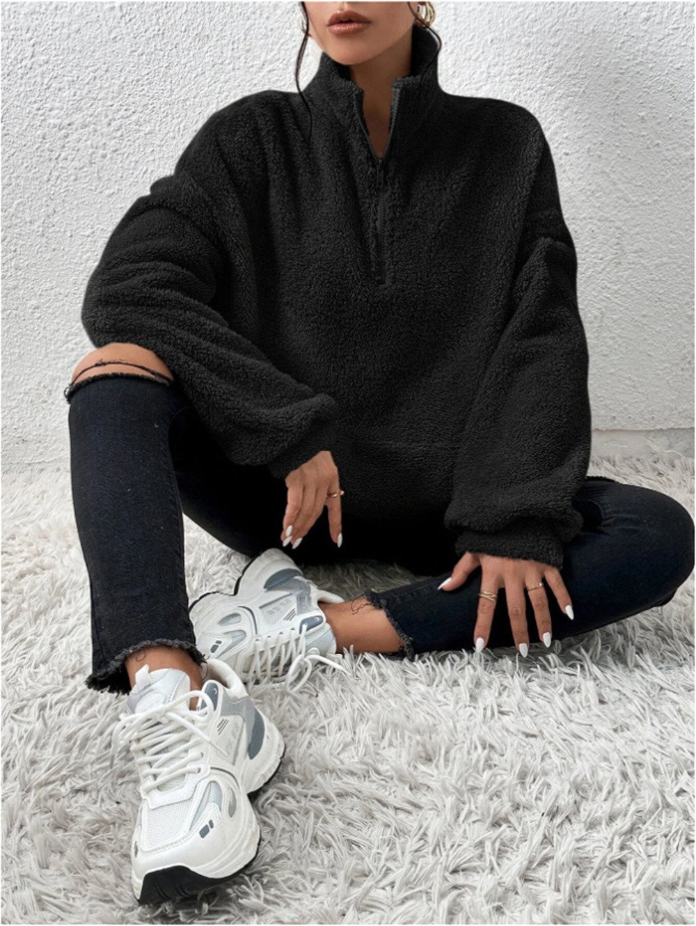 Retro Mock Neck Unifarben Sweatshirt Nahtverarbeitung
