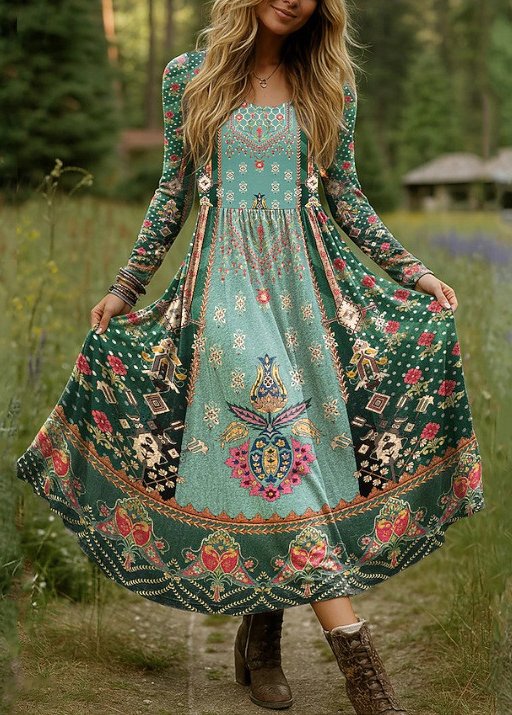 Damen Geblümt Frühling/Herbst Kleid V-Ausschnitt Langarm A-Linien-Kleid