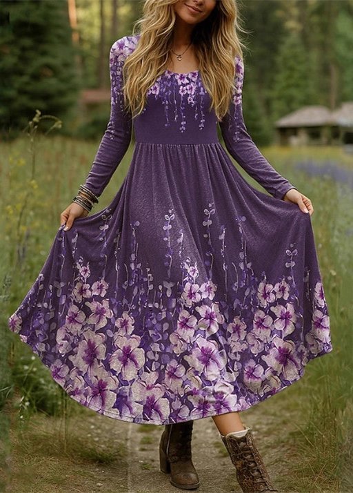 Damen Geblümt Frühling/Herbst Kleid V-Ausschnitt Langarm A-Linien-Kleid