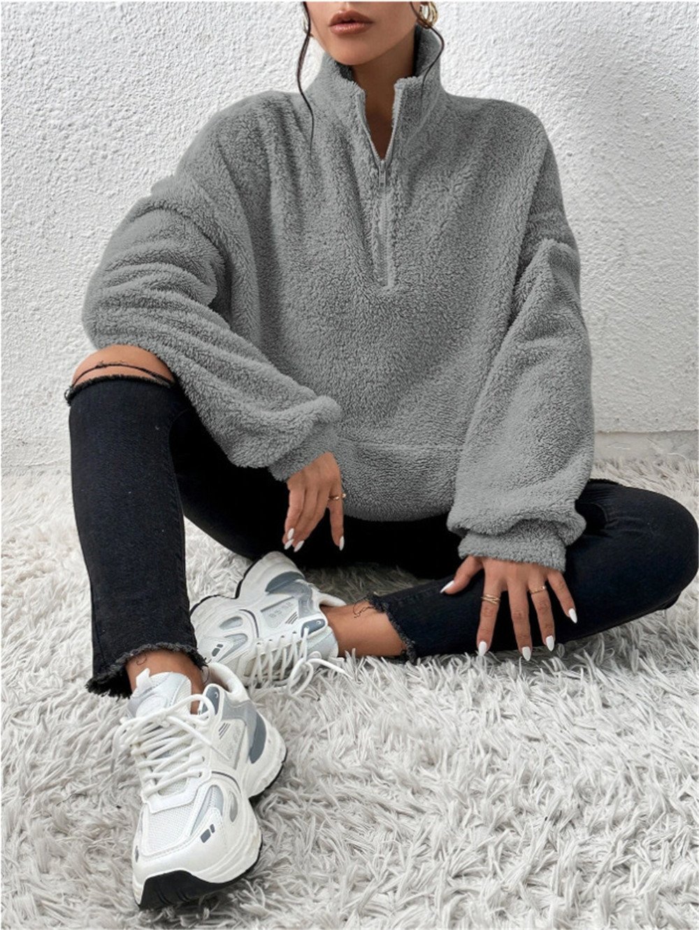 Retro Mock Neck Unifarben Sweatshirt Nahtverarbeitung