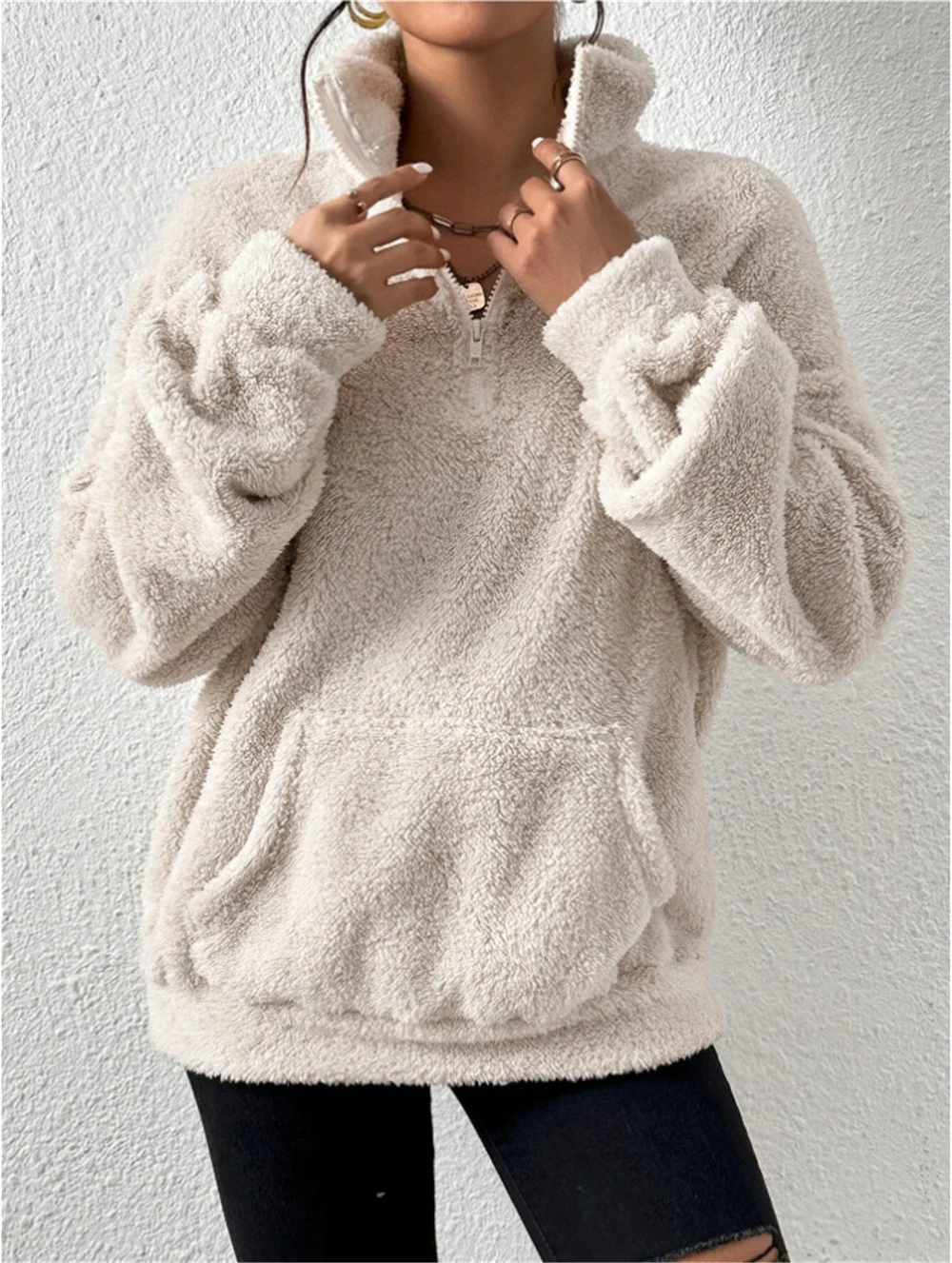 Retro Mock Neck Unifarben Sweatshirt Nahtverarbeitung