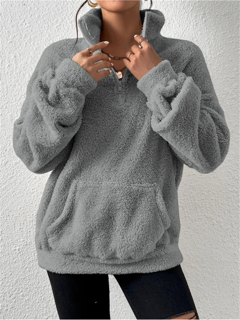 Retro Mock Neck Unifarben Sweatshirt Nahtverarbeitung